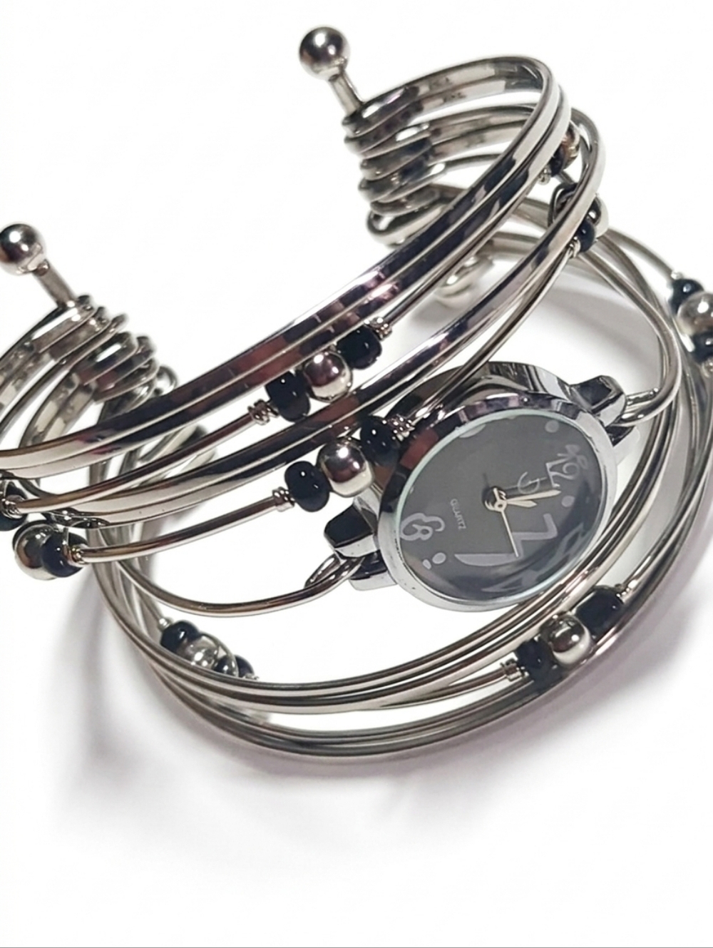 Whimsical Silver Multi-Wire Beaded Bangle Cuff Watch